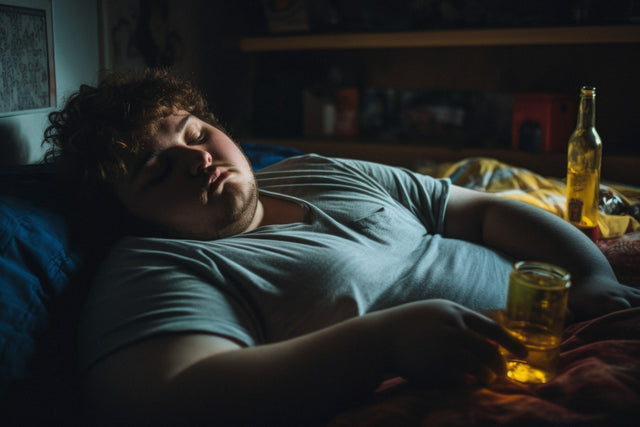 Bottle of Lean Sleep stimulant-free night formula on a bedside table
